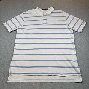 VTG Polo Ralph Lauren Polo Mens 2XL White Blue Stripes Pink Pony Cotton NOTE